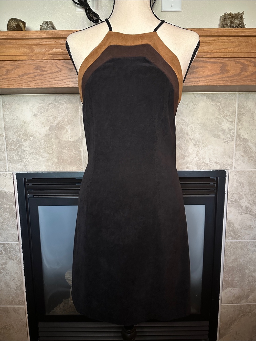 Vintage 90s Finesse USA Black Brown Colorblock Halter Top Mini Dress Y2K